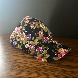 Black cap pink and purple rose floral adjustable strap hat
